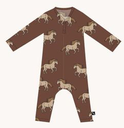 Pyjamas baby eko bomull – Brun med vildhästar, jumpsuitmodell -50/56cl