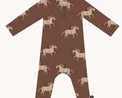 Pyjamas baby eko bomull – Brun med vildhästar, jumpsuitmodell -50/56cl