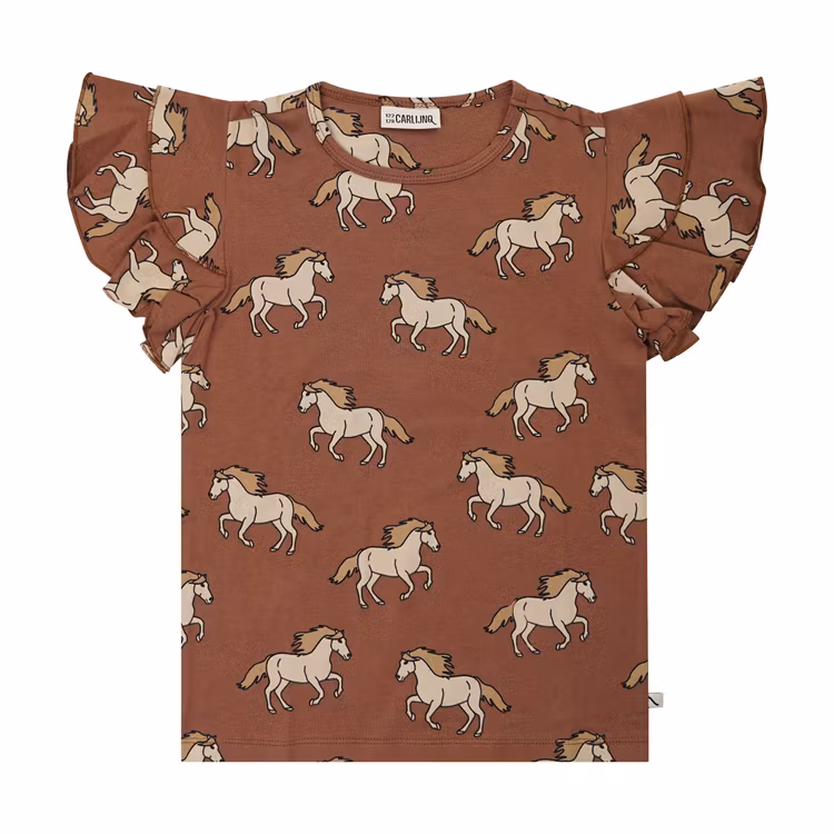 Top barn t-shirt volangärm brun hästar