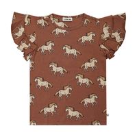 T-shirt tröja barn – Volang ärm, Vildhästar på brun botten- 86-152cl