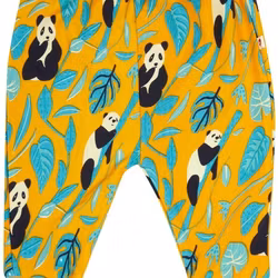 Mjuka och lekfulla babybyxor gula i ekologisk bomull med panda-mönster – 3-6mån