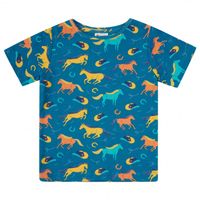 Kortärmad t-shirt tröja för barn – mosaikblå med färgglada hästar i 100% ekologisk bomull - 2-10år