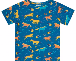 Kortärmad t-shirt tröja för barn – mosaikblå med färgglada hästar i 100% ekologisk bomull - 2-10år