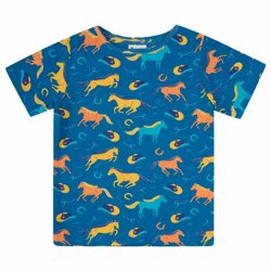 Kortärmad t-shirt tröja för barn – mosaikblå med färgglada hästar i 100% ekologisk bomull - 2-10år