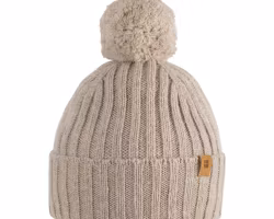 Mössa baby barn ribbad med boll beige - Babyalpacka & Merinoull (12-24mån)