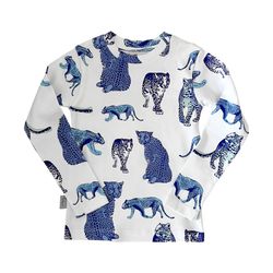Långärmad tröja t-shirt barn vit blå - Leopard - 1-8år eko bomull