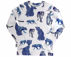Långärmad tröja t-shirt barn vit blå - Leopard - 1-8år eko bomull