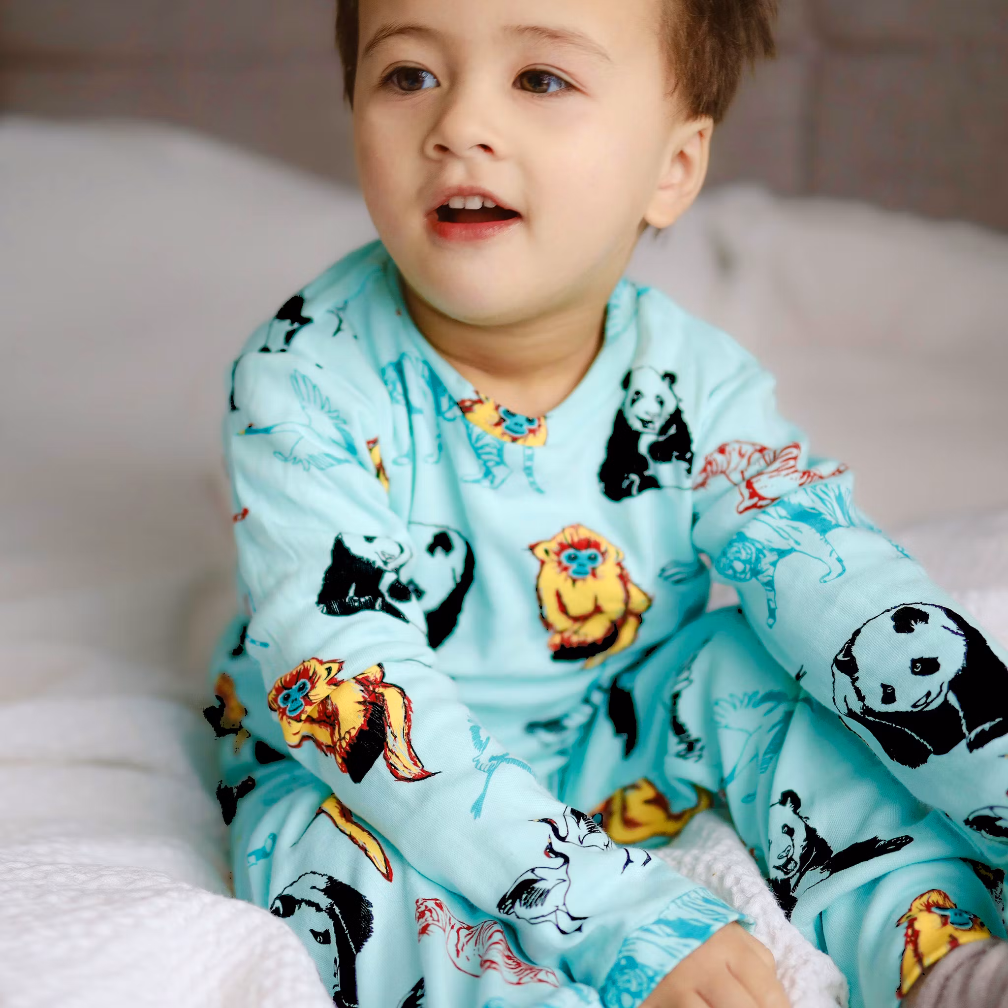 Barnkläder Långärmad t-shirt Tröja Turkosa- Panda och vänner 1-8år ekologisk bomull