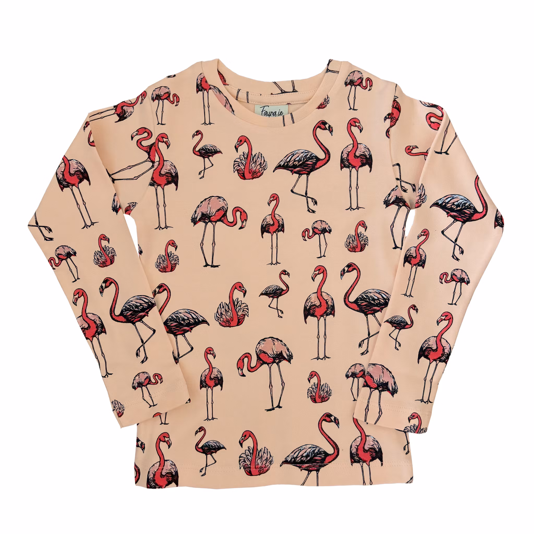 Barnkläder långärmad tröja mönstrad med flamingos. Ekologisk bomull. Hållbart mode