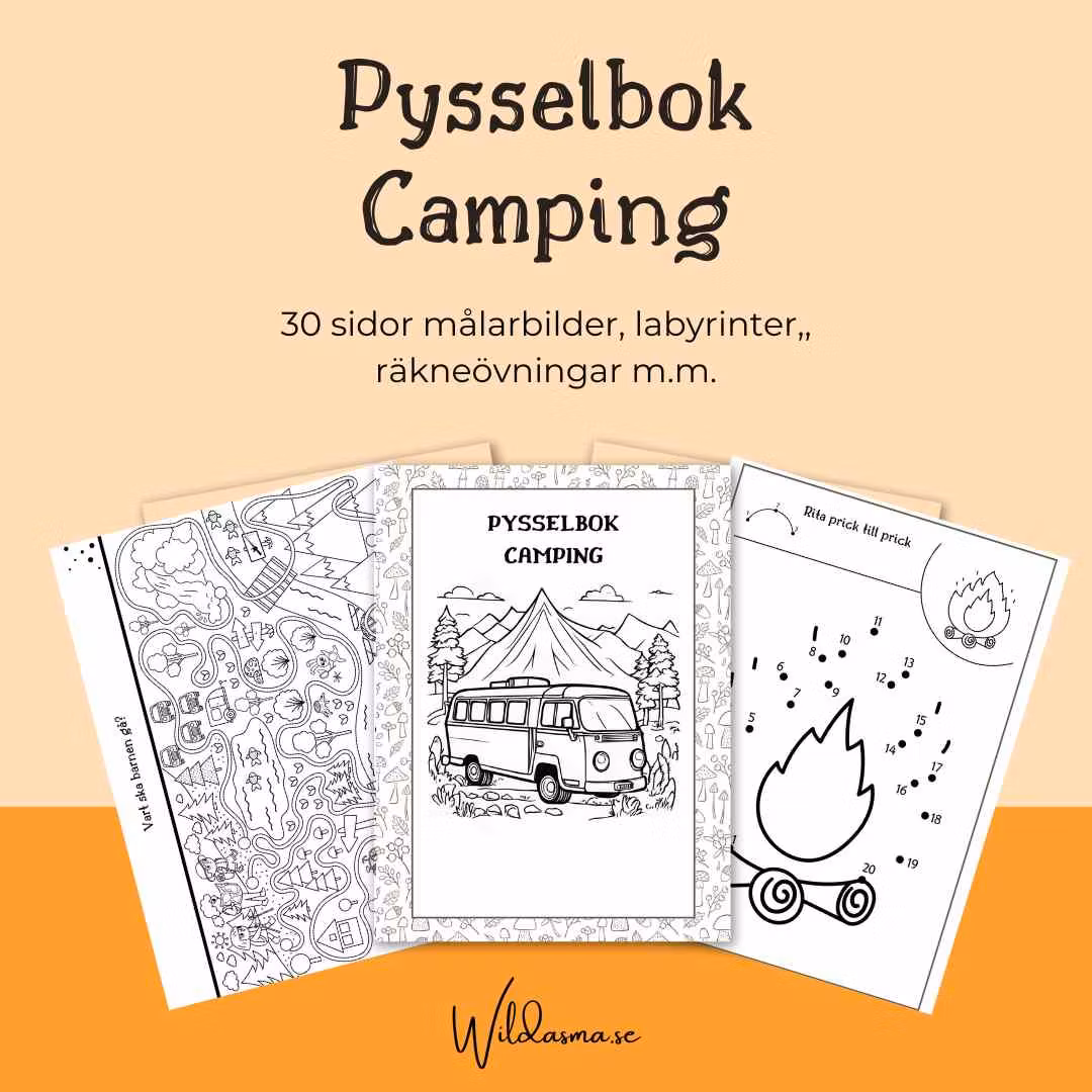 Camping pysselbok för barn - 30 sidor att skriva ut hemma