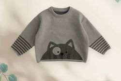 Stickad tröja för barn grå katt 12mån-6år