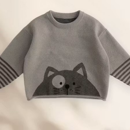 Stickad tröja för barn grå katt 12mån-6år