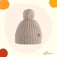 Mössa baby barn ribbad med boll beige - Ull (12-24mån)