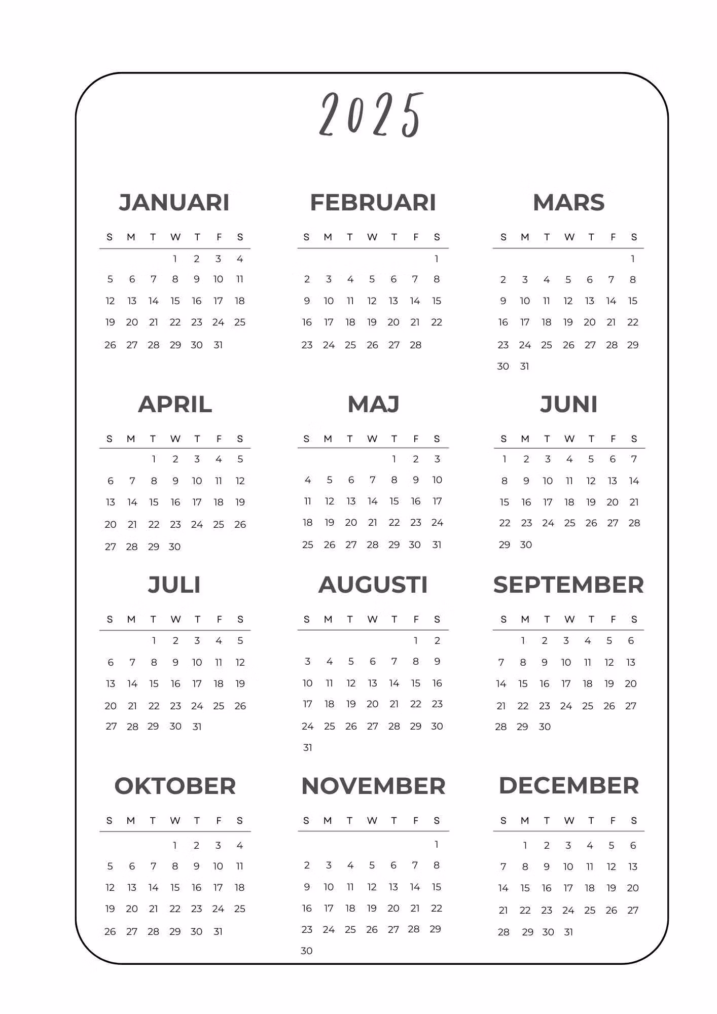 Skriv ut själv -Planner Veckokalender A4 / A5