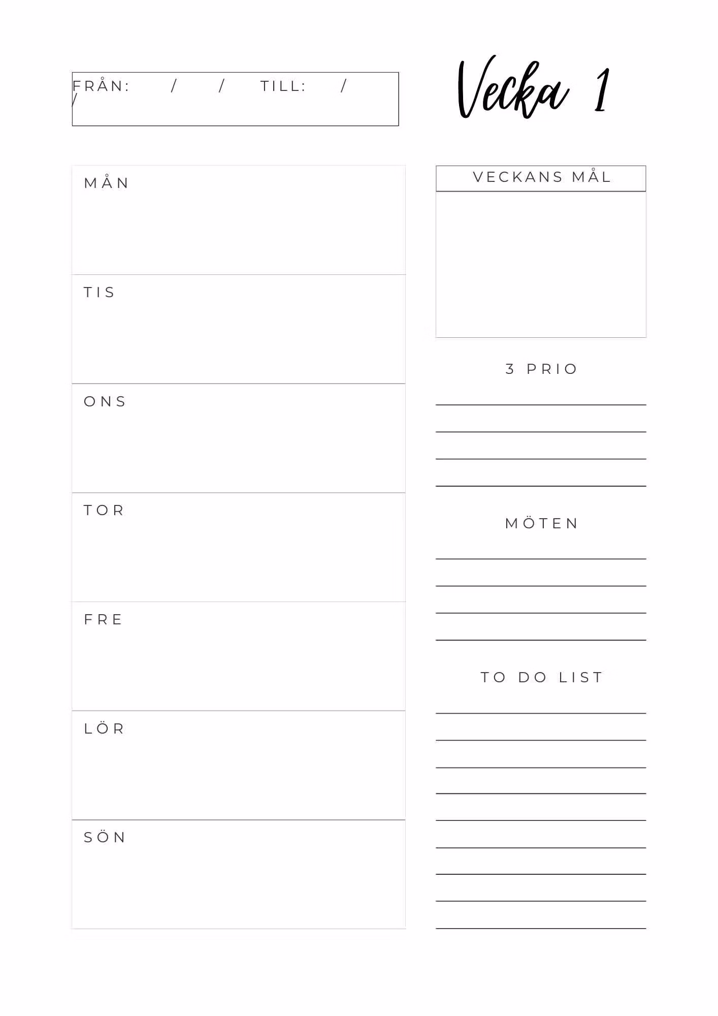 Skriv ut själv -Planner Veckokalender A4 / A5