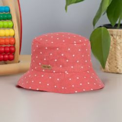 Solhatt för Barn 100% linne – Korall med Vita Prickar  - 1-10år UV skydd