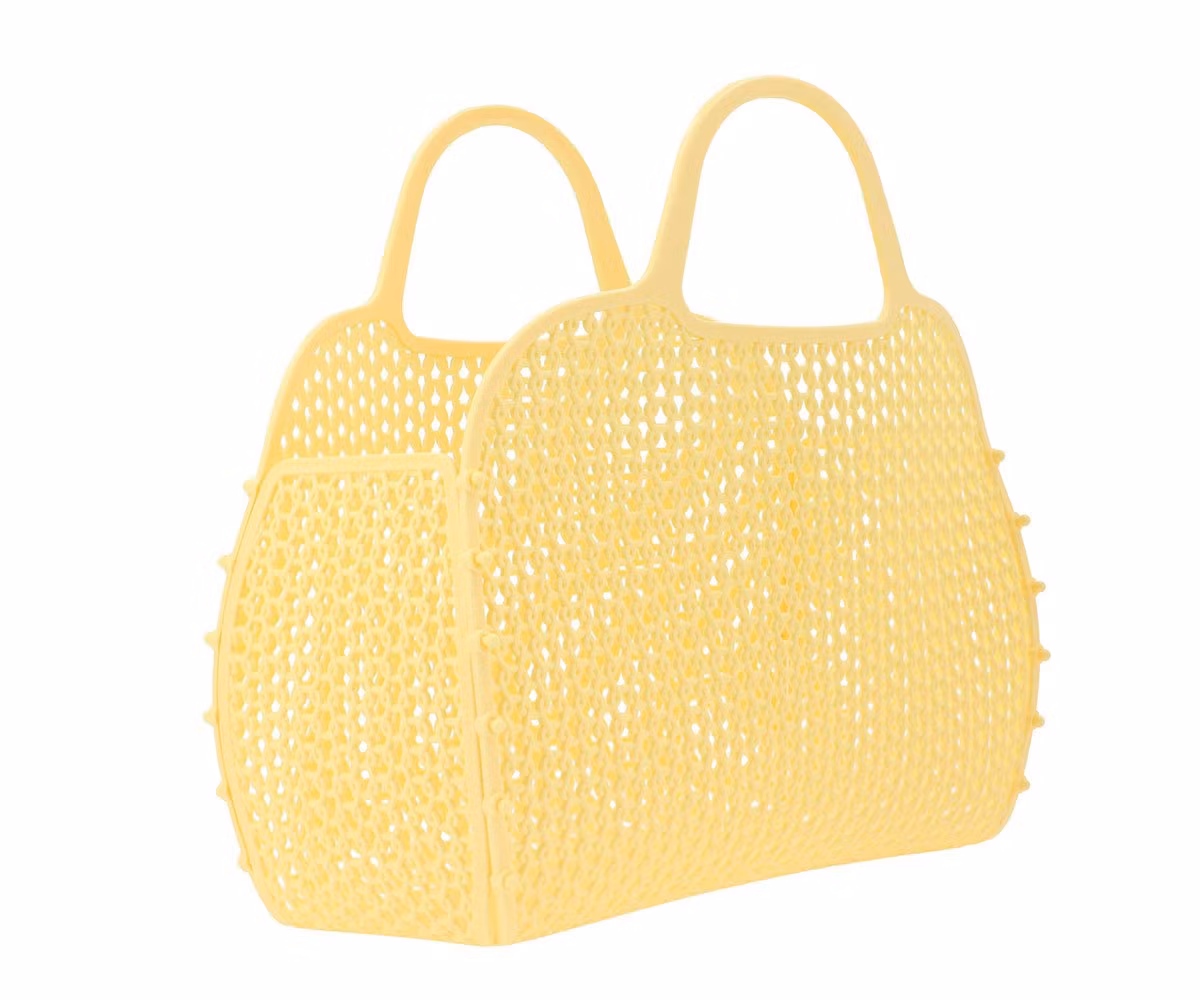 Citrongul retro strand väska i plast mesh med handtag