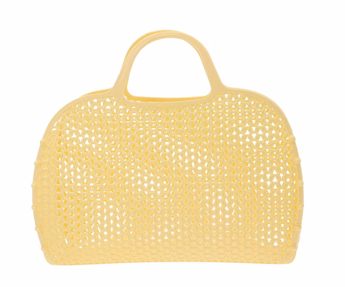 Citrongul retro strand väska i plast mesh med handtag