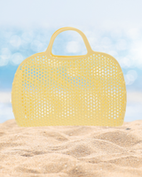Citrongul retro strand väska i plast mesh med handtag