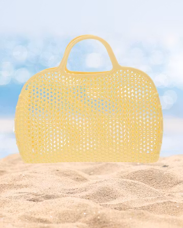 Citrongul retro strand väska i plast mesh med handtag