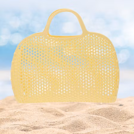 Citrongul retro strand väska i plast mesh med handtag