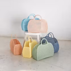 Solgul retro strand väska i plast mesh med handtag
