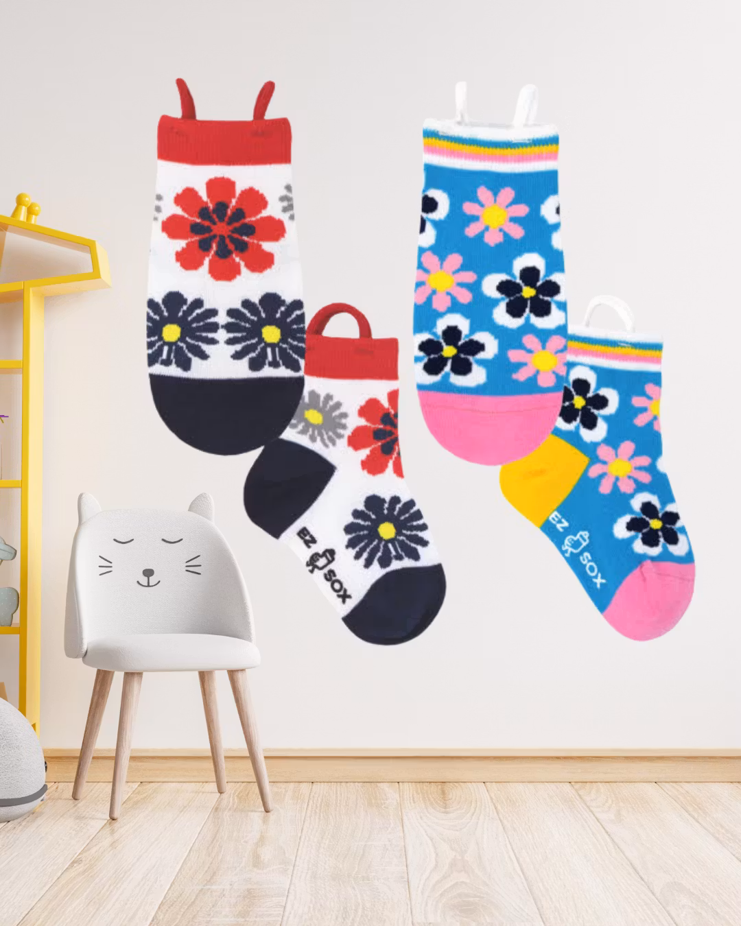 Ezsox barn strumpor - Blommiga 2-pack (31-34) med halkskydd