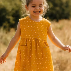 Barnklänning i linne mango med prickar  –86-128cl