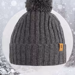 Mössa baby barn ribbad med boll -Grå Babyalpacka & Merinoull (12-24mån)