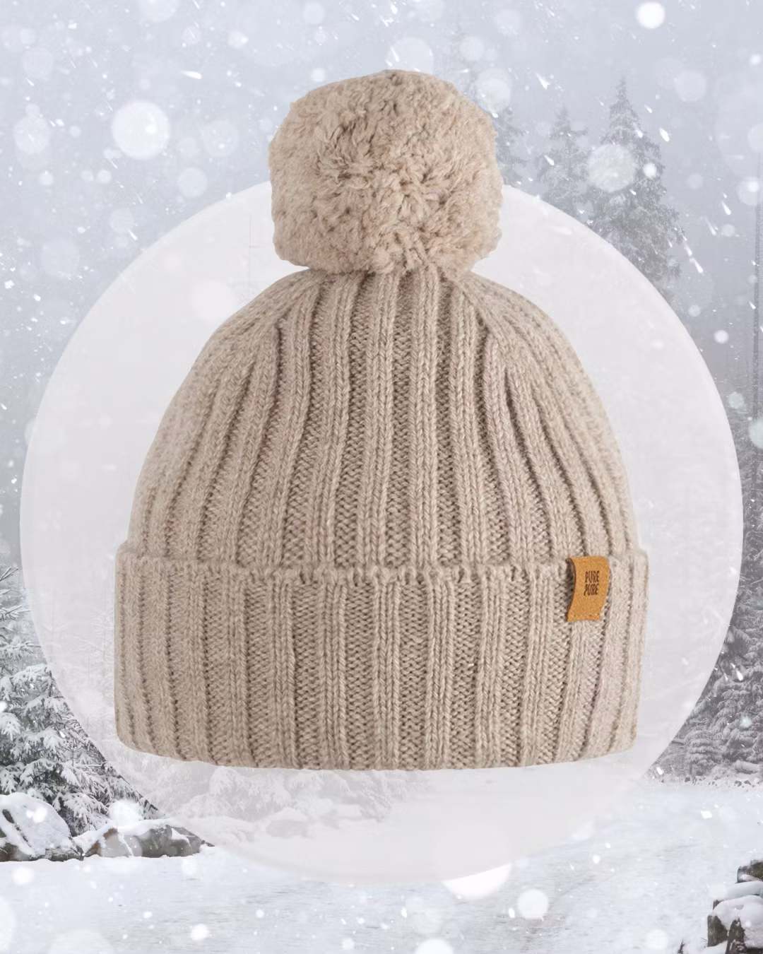 Inspo vinterkläder Mössa baby barn ribbad med boll beige - Ull (12-24mån)