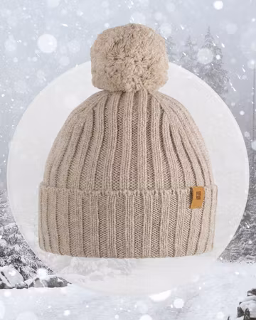 Mössa baby barn ribbad med boll beige - Babyalpacka & Merinoull (12-24mån)