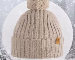 Mössa baby barn ribbad med boll beige - Babyalpacka & Merinoull (12-24mån)