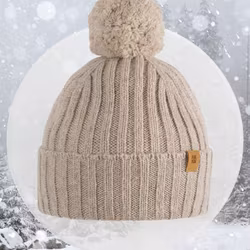Mössa baby barn ribbad med boll beige - Babyalpacka & Merinoull (12-24mån)