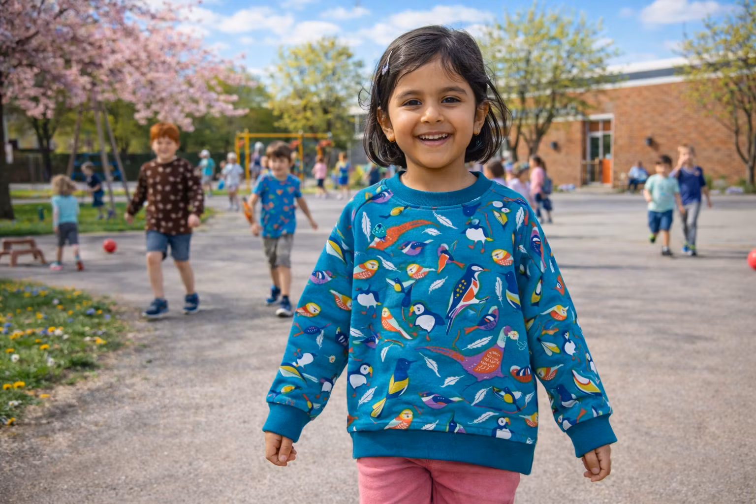 Sweatshirt tröja för barn blå mönstrad med fåglar