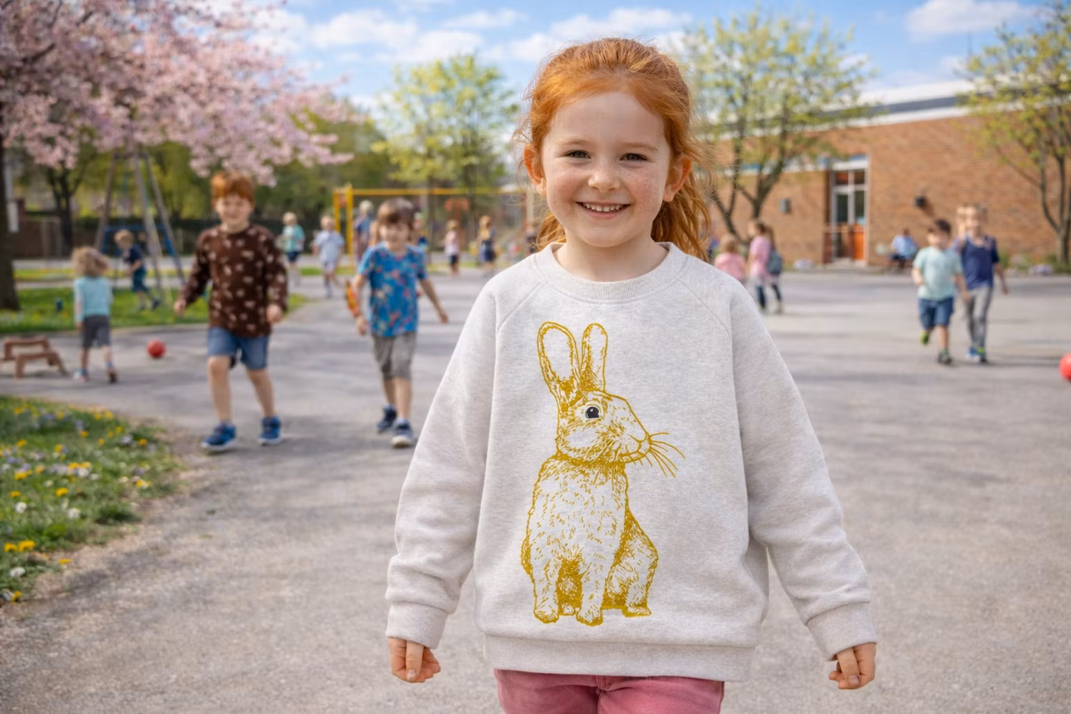 Sweatshirt tröja barn - beige screentryckt kanin i guld.