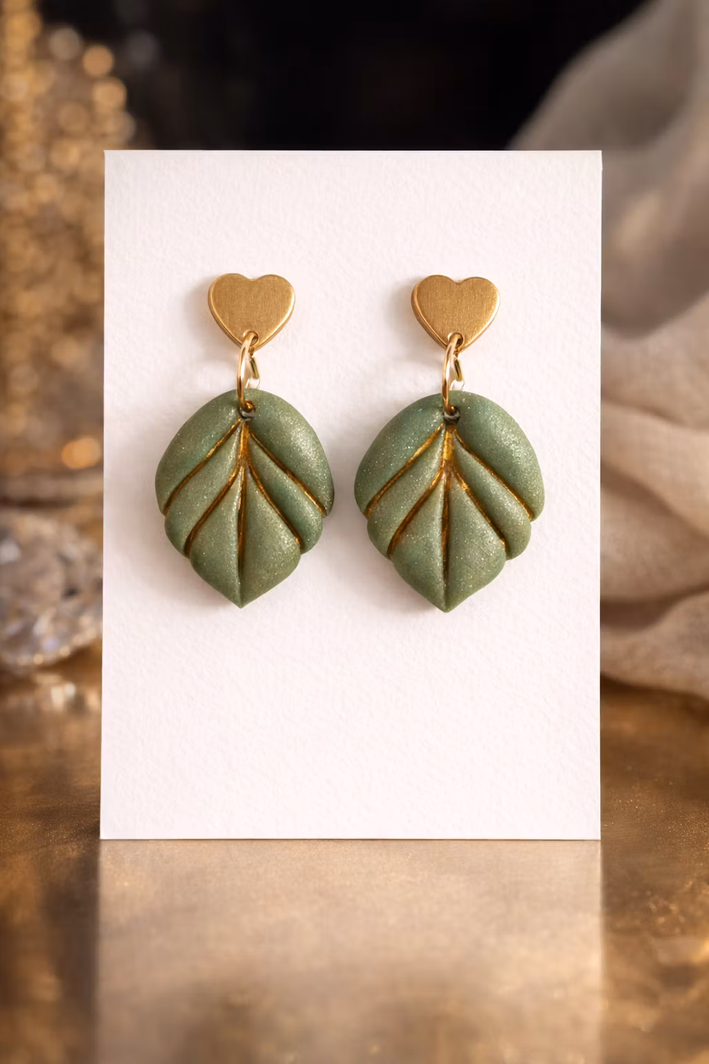 Örhängen i polymerlera - Blad grön/guld
