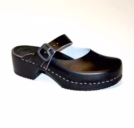 Linda svart blank träskosandal