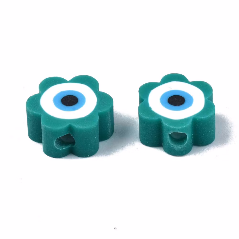 Polymerlerpärlor, Blomma med öga, Dark Cyan, 50 St