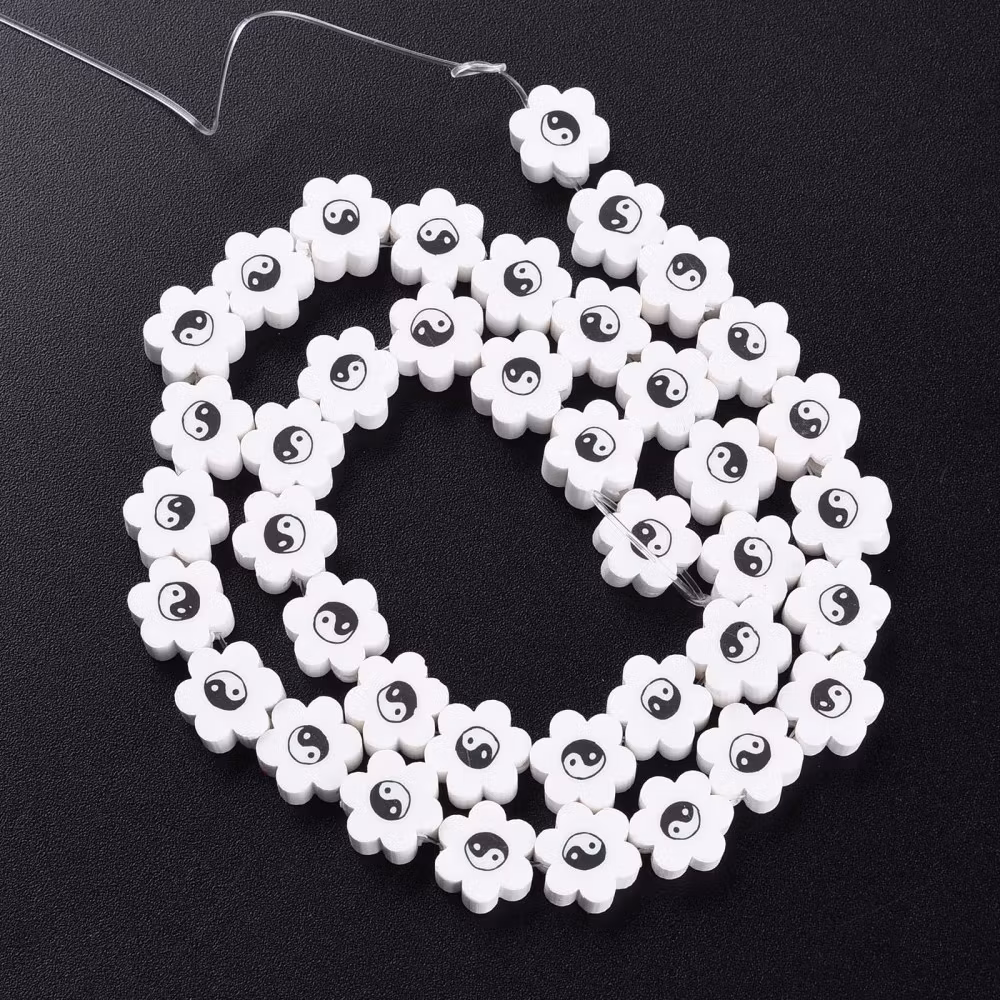 Polymerlerpärlor, Flower, Yin Yang, White, Ca: 40 st