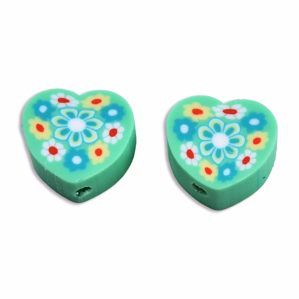 Polymerlerpärlor, Hjärta med blommor, Medium Aquamarine, 50st