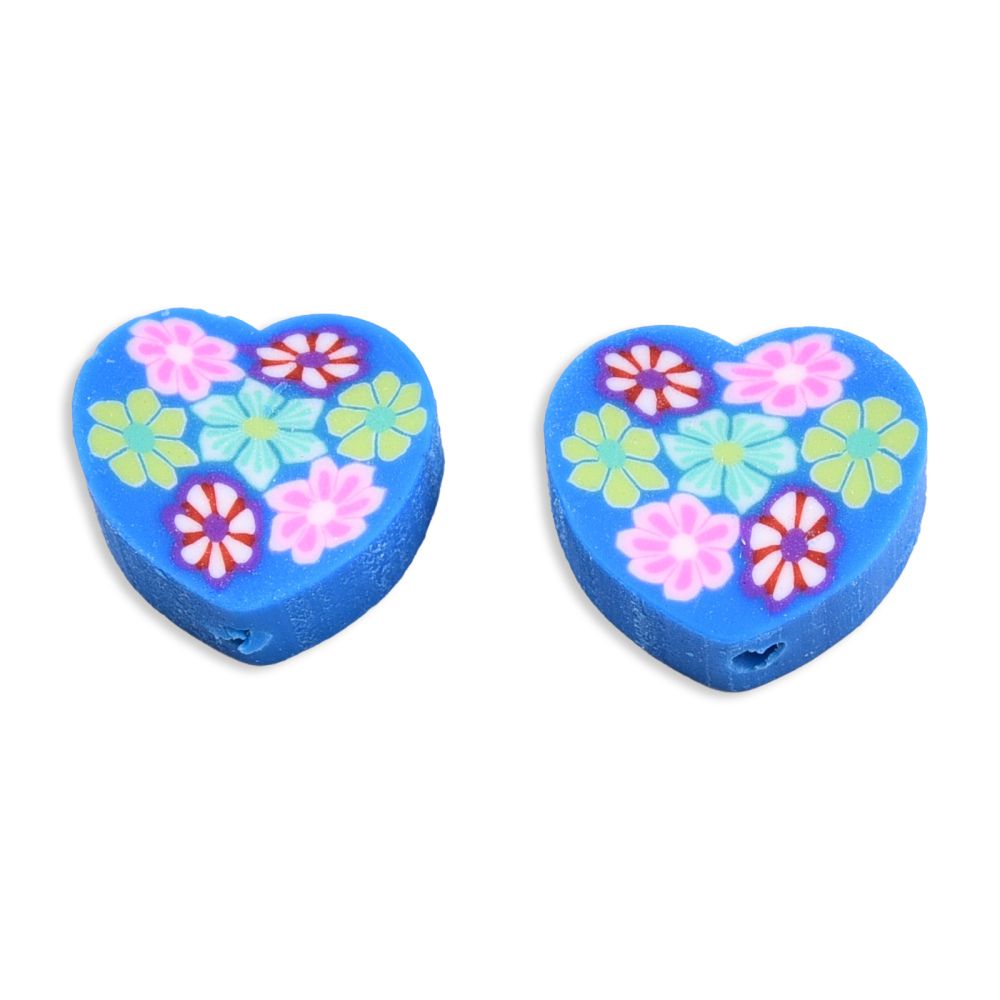 Polymerlerpärlor, Hjärta med blommor, Royal Blue, 50st