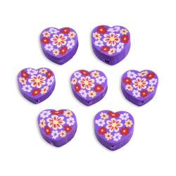 Polymerlerpärlor, Hjärta med blommor, Dark Violet, 50st