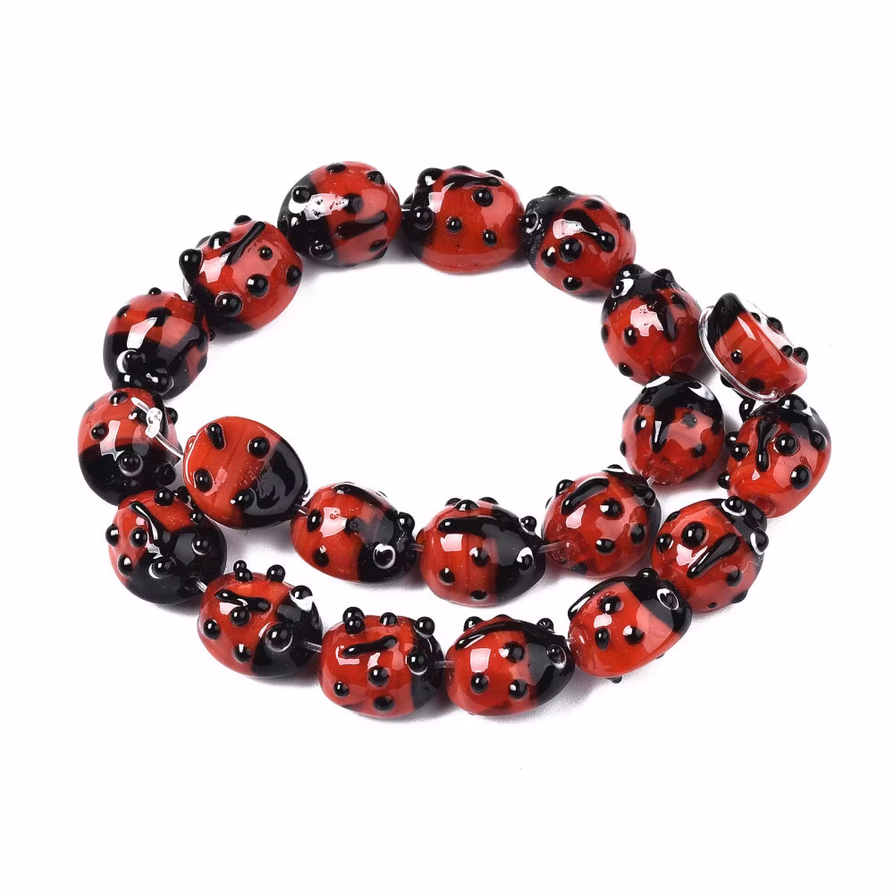 Lampwork, Glaspärlor, Nyckelpiga, ca 20st
