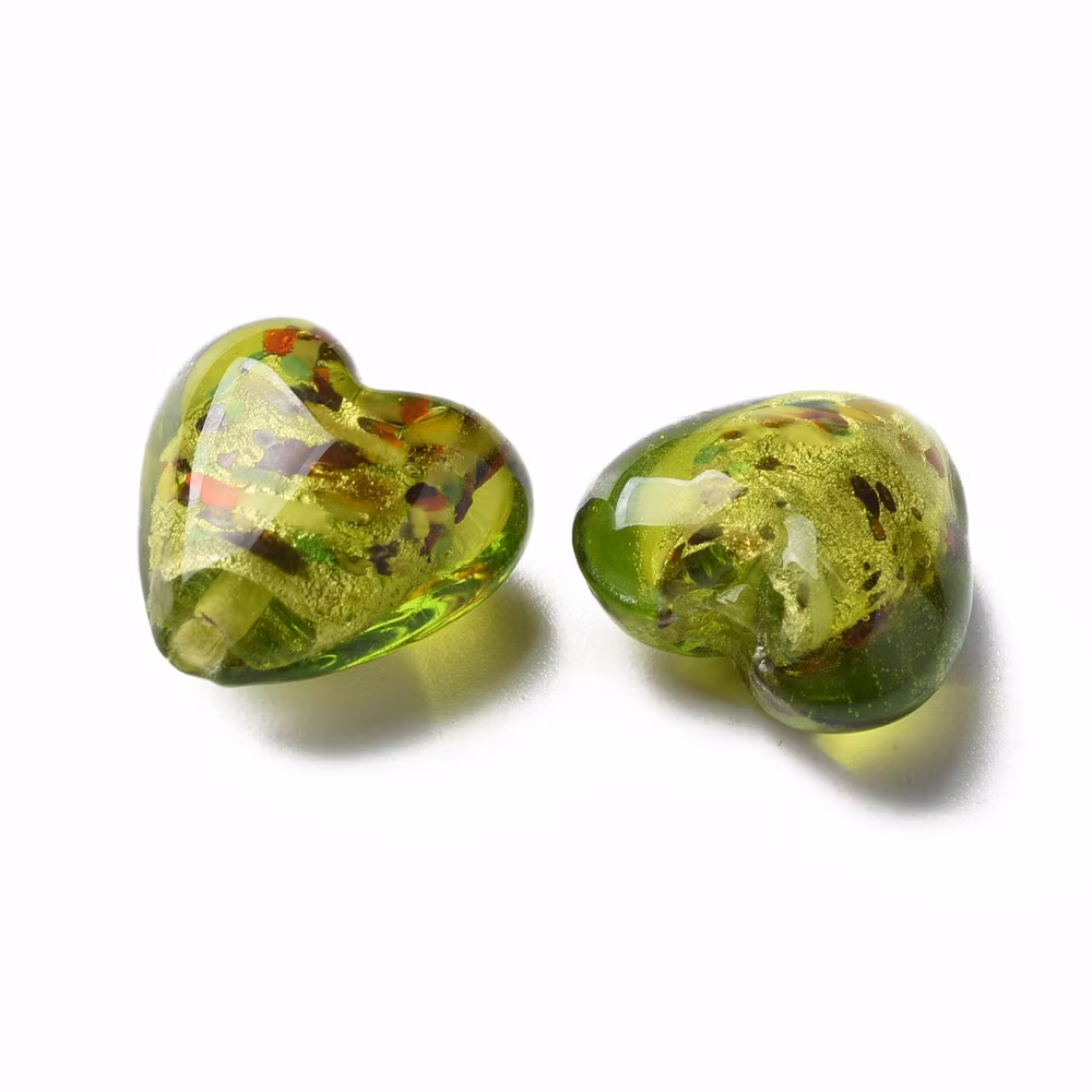 Lampwork, Glaspärlor, Hjärtan, 28st, Silver Foil, Green