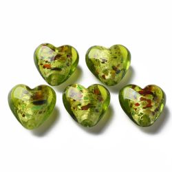 Lampwork, Glaspärlor, Hjärtan, 28st, Silver Foil, Green