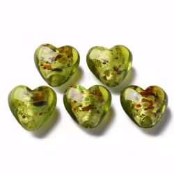 Lampwork, Glaspärlor, Hjärtan, 28st, Silver Foil, Green