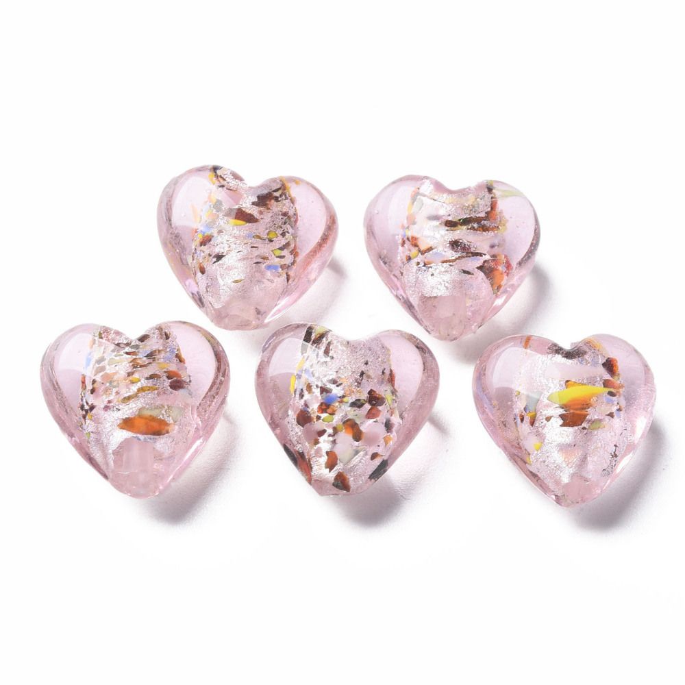 Lampwork, Glaspärlor, Hjärtan, 28st, Silver Foil, Pink
