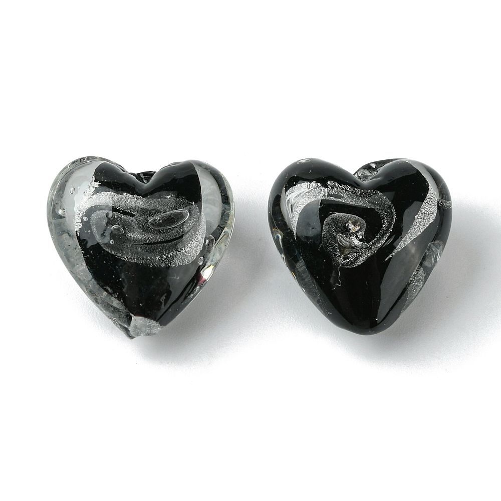 Lampwork, Glaspärlor, Hjärtan, 5st, Silver Foil, Black