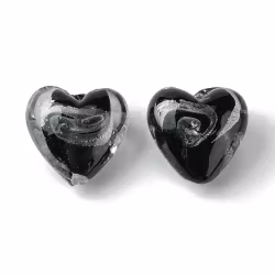 Lampwork, Glaspärlor, Hjärtan, 5st, Silver Foil, Black