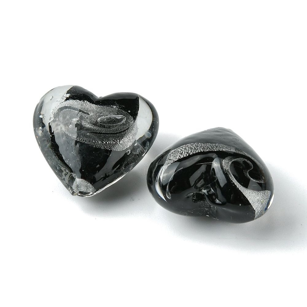 Lampwork, Glaspärlor, Hjärtan, 5st, Silver Foil, Black